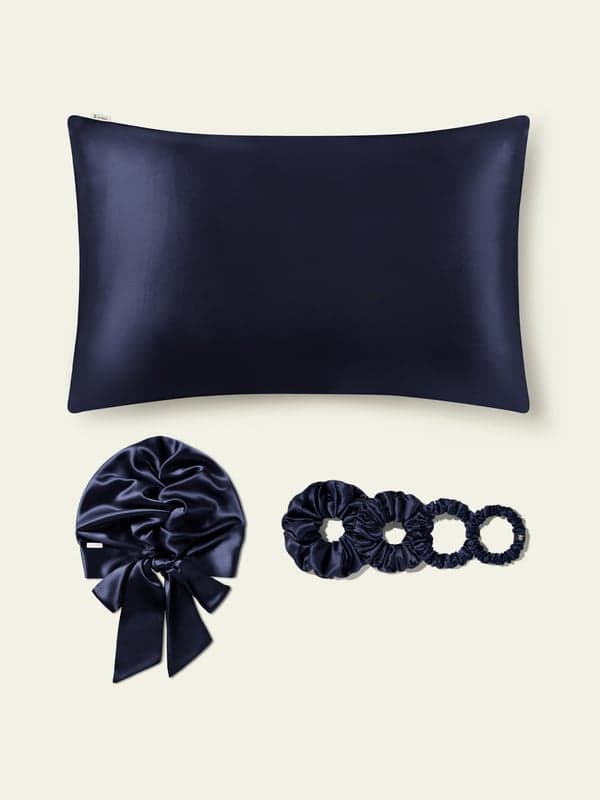 LILYSILK Ensemble Soin Cheveux Soie Bleu Marine 40x60cm - Taie d'Oreiller, Bonnet Nuit & Chouchous