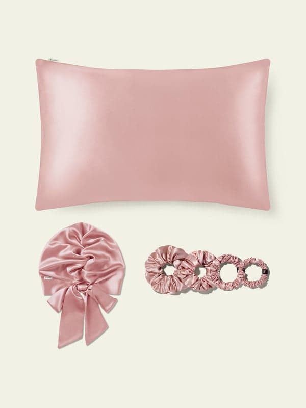 LILYSILK Ensemble Soin Cheveux Rose Pastel 50x70cm, Soie Naturelle, Anti-Frisottis, Taie+Bonnet+Chouchous