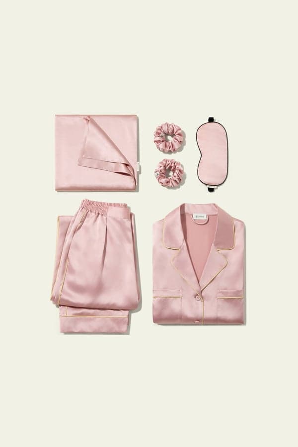LILYSILK Cadeau Maman Pyjama Soie Rose Pastel M Ensemble Nuit Confortable Satin Liserés Dorés Masque Sommeil Chouchous
