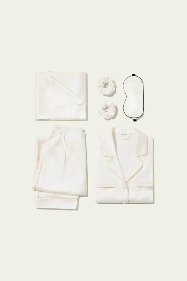 LILYSILK Ensemble Cadeau Nuit Bliss Ivoire XL Soie Charmeuse Pyjama, Masque & Chouchous Blanc Naturel