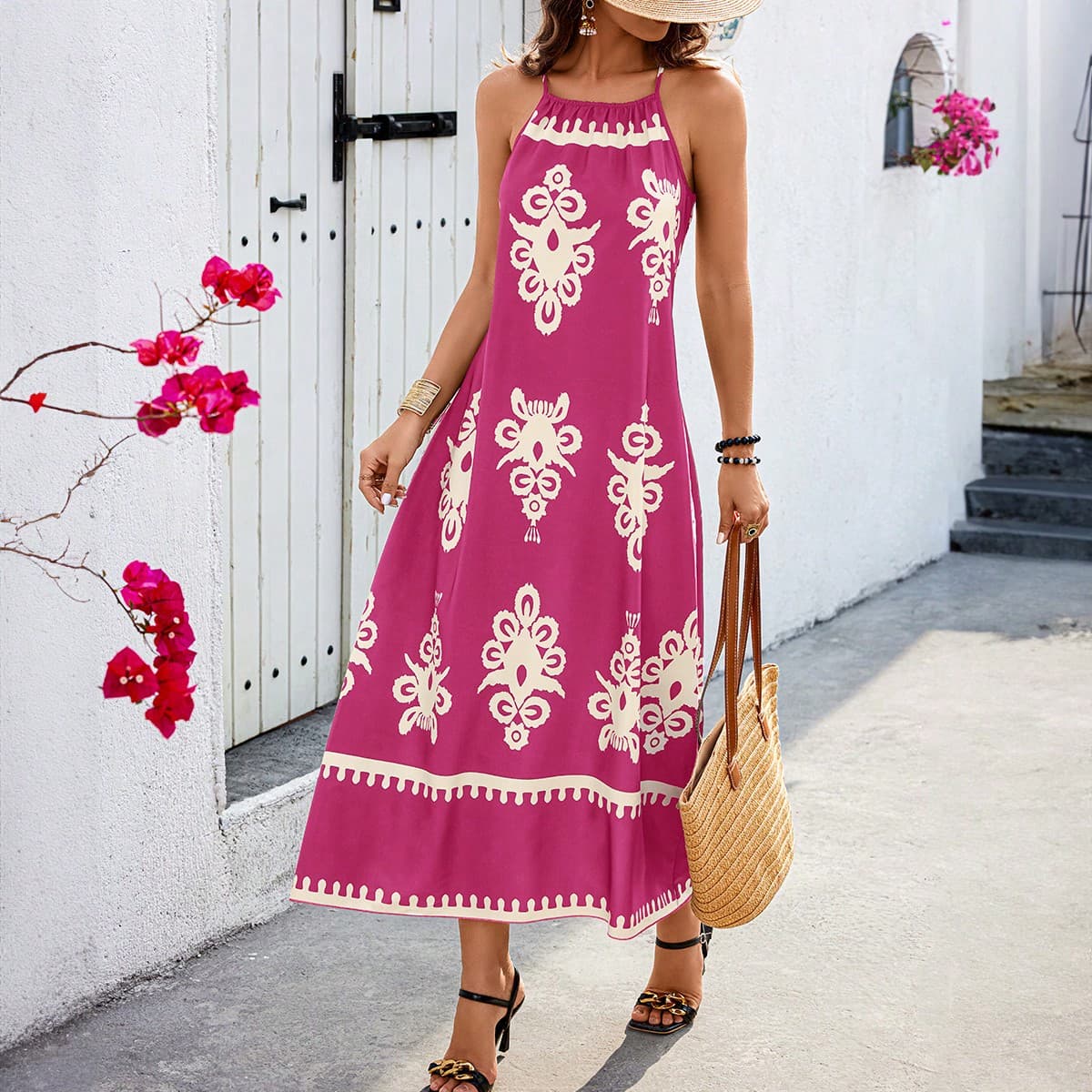 Robe d'Ã©tÃ© dÃ©contractÃ©e Ã bretelles avec imprimÃ© alÃ©atoire pour les pauses vacances