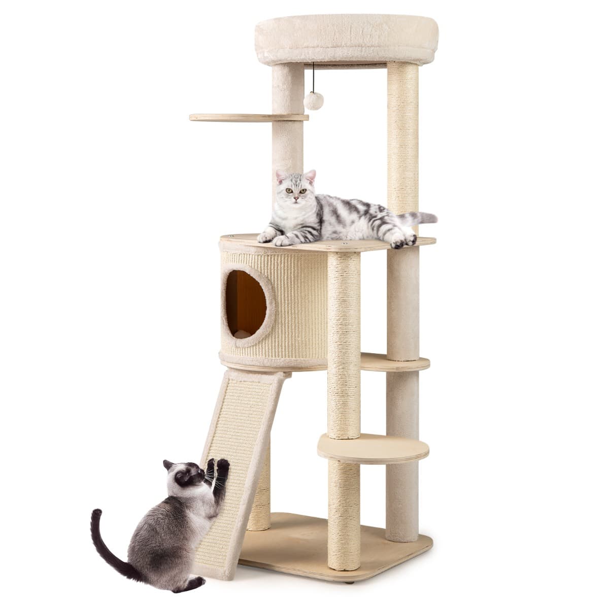 CostwayArbre à Chat de 56 CM Tour pour Chaton en Bois avec 2 Colonnes à Griffer en Sisal & Tapis & Échelle Condo Perchoir Jouet Suspendu Naturel