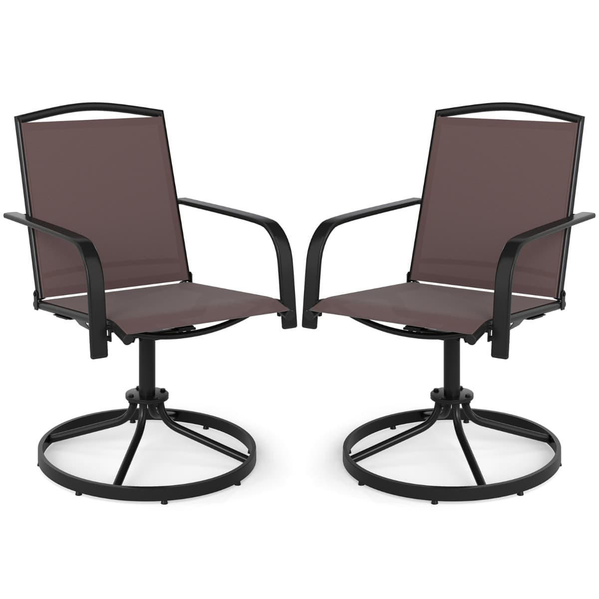 CostwayChaises Pivotantes de Patio Lot de 2 Fauteuils à Bascule en Maille à 360° avec Dossier Haut & Base Métallique Ronde Fauteuils à Bascule Café