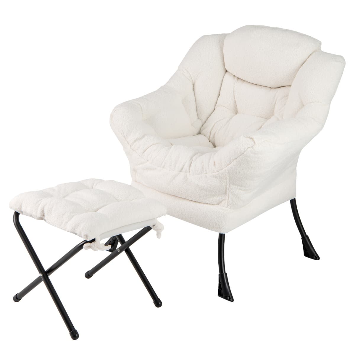 CostwayChaise Paresseuse avec Ottoman Fauteuil de Loisirs Rembourré Sherpa Moderne avec Repose-pied Pliable Coussin de Tête Beige