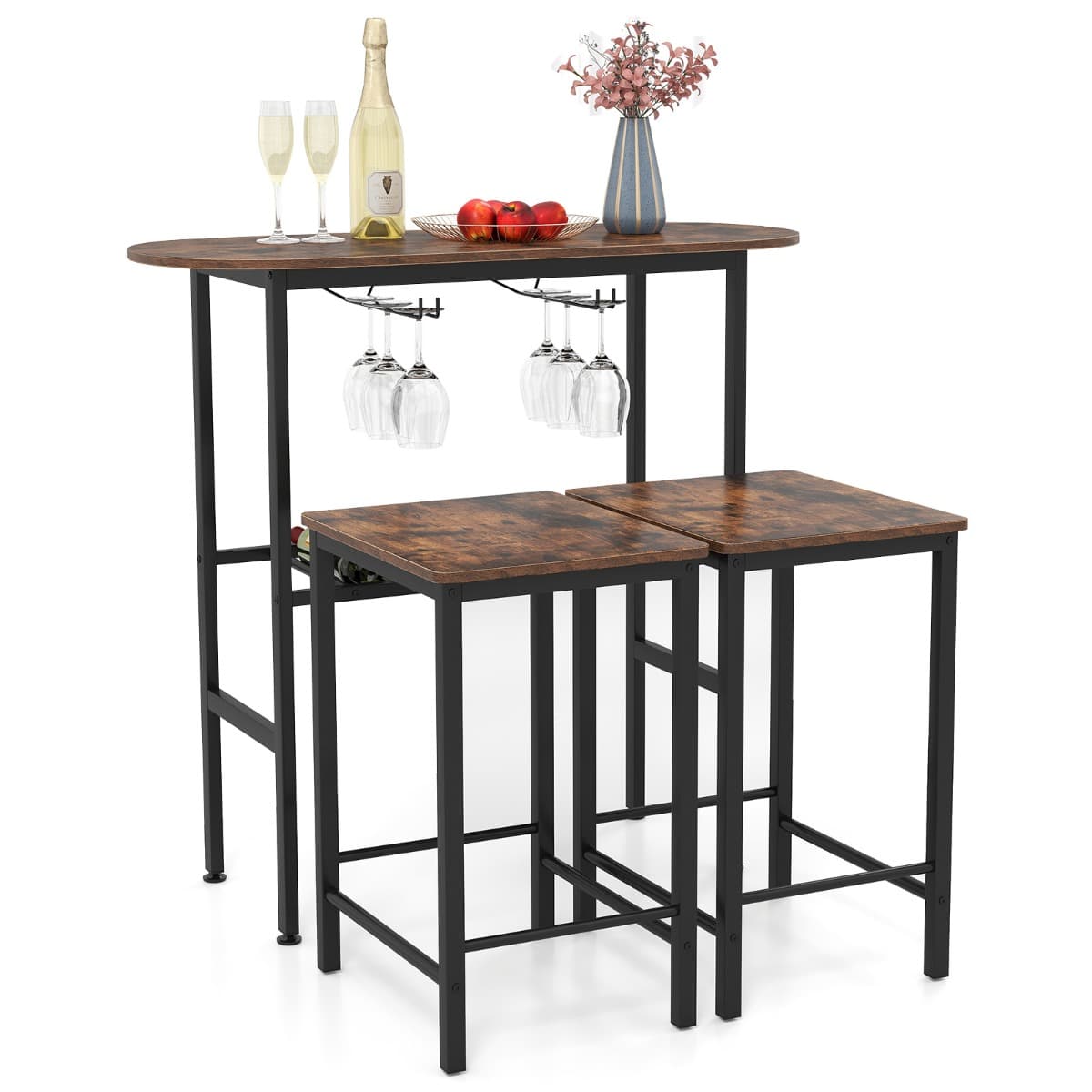 CostwayEnsemble de Table de Hauteur de Comptoir 3 Pièces Table à Manger Ovale et 2 Tabourets avec Porte-Bouteilles Porte-Verres à Vin Café