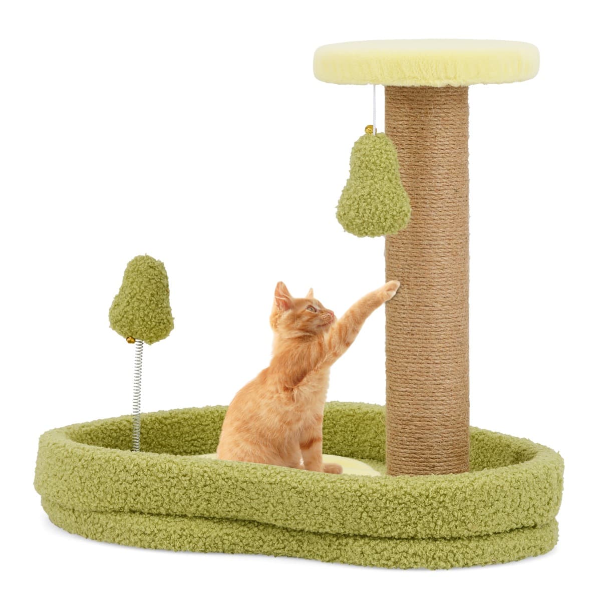 CostwayLit pour Chat sur le Thème de l'avocat avec Perchoir Rond Rembourré Jouet à Ressort Poteaux à Gratter en Jute Large Base Antidérapante Vert