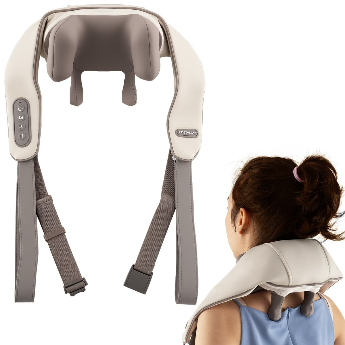 CostwayMasseur Ultraléger avec 2 Niveaux de Chauffage pour Le Cou et Les Épaules Appareil de Massage Sans Fil 2500 mAh Batterie Intégrée Beige
