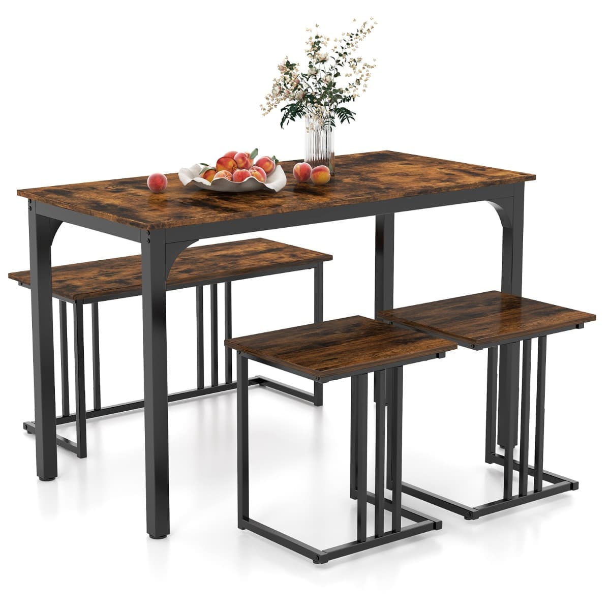 CostwayEnsemble Table de Cuisine 2 Banc 2 Tabourets Style Industriel Cadre en Métal Marron Rustique et Noir