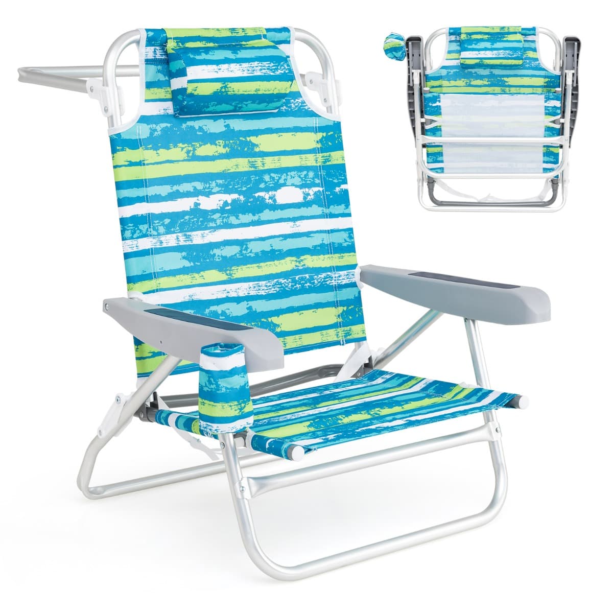 Costway2 Chaise Longue Pliable Chaise Longue Léger avec 5 Positions Ajustables Oreiller de Tête Barre à Serviette Accoudoirs & Porte-gobelet Vert