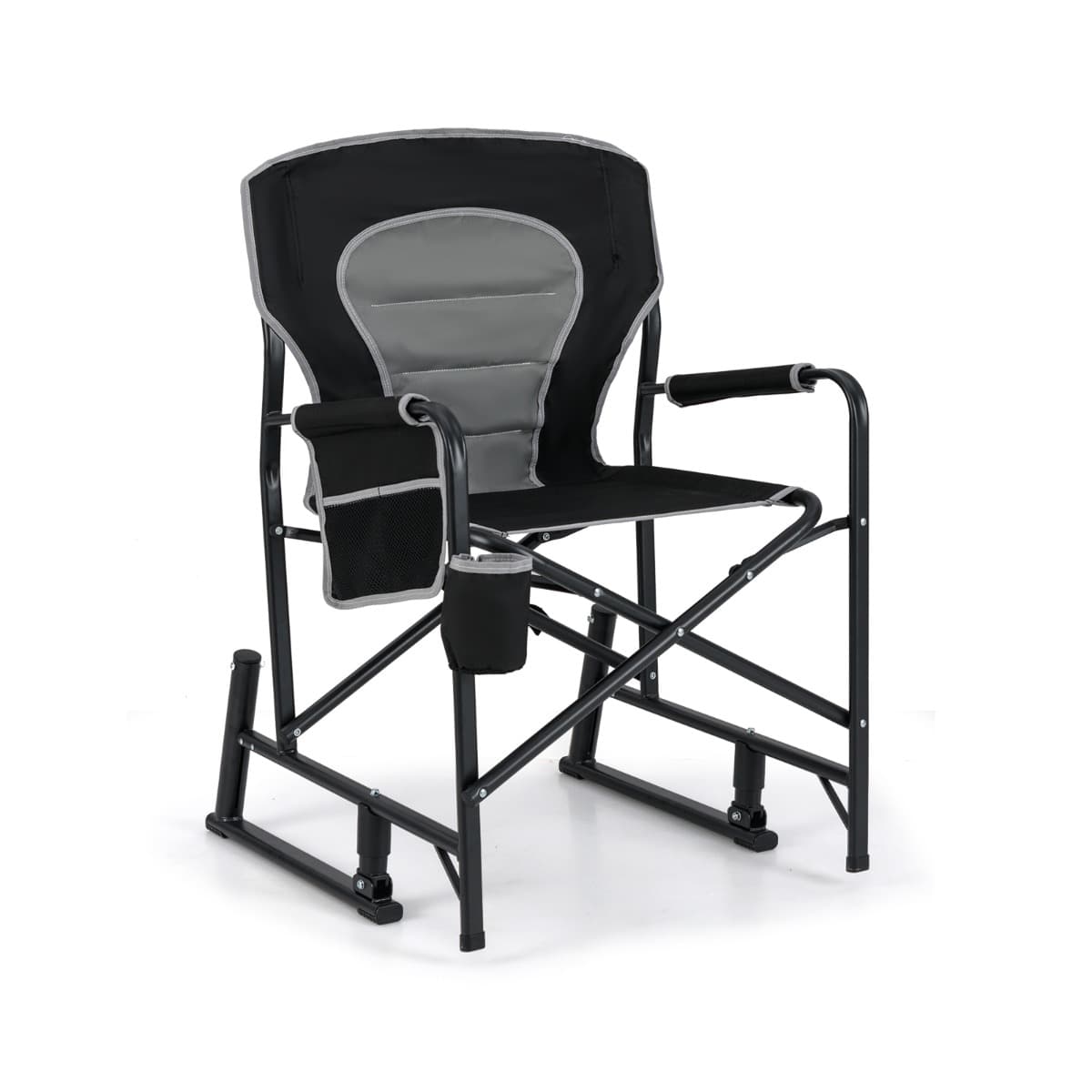CostwayChaise de Camping à Bascule Chaise à Bascule d'Extérieur Pliable avec Double Ressort Dossier Rembourré Accoudoirs Noir