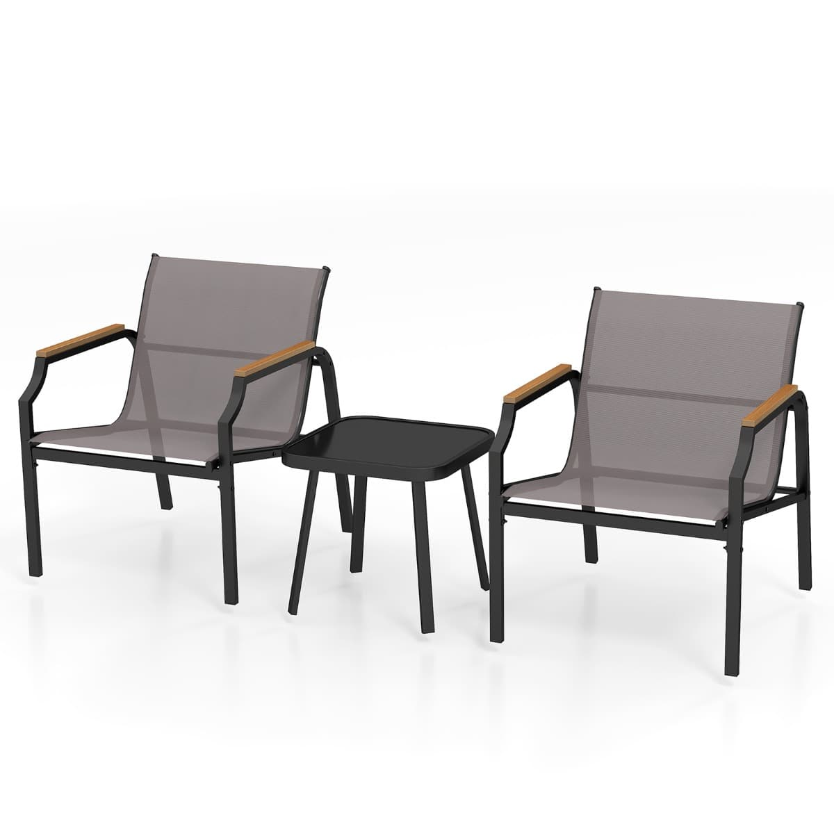CostwaySalon de Jardin 3 Pcs Tissu Respirant et Cadre Métallique Charge 150KG Ensemble de Meubles de Patio avec Accoudoirs en Bois-Plastique Gris